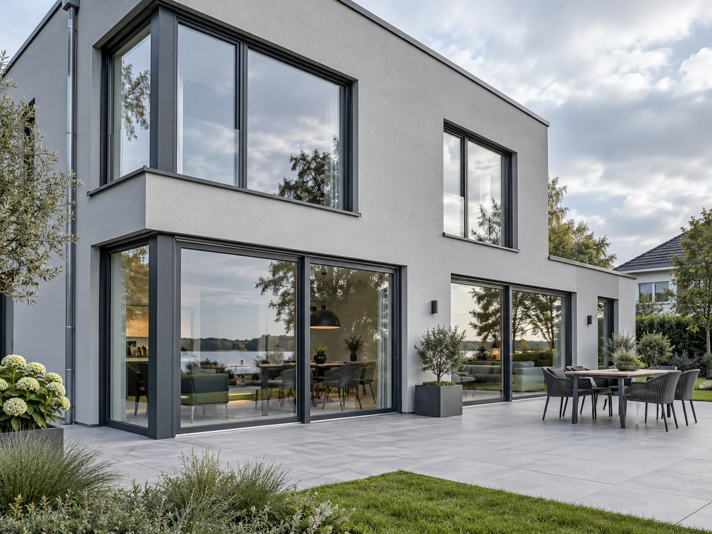 Modernes Gebäude mit großflächigen Fensterelementen